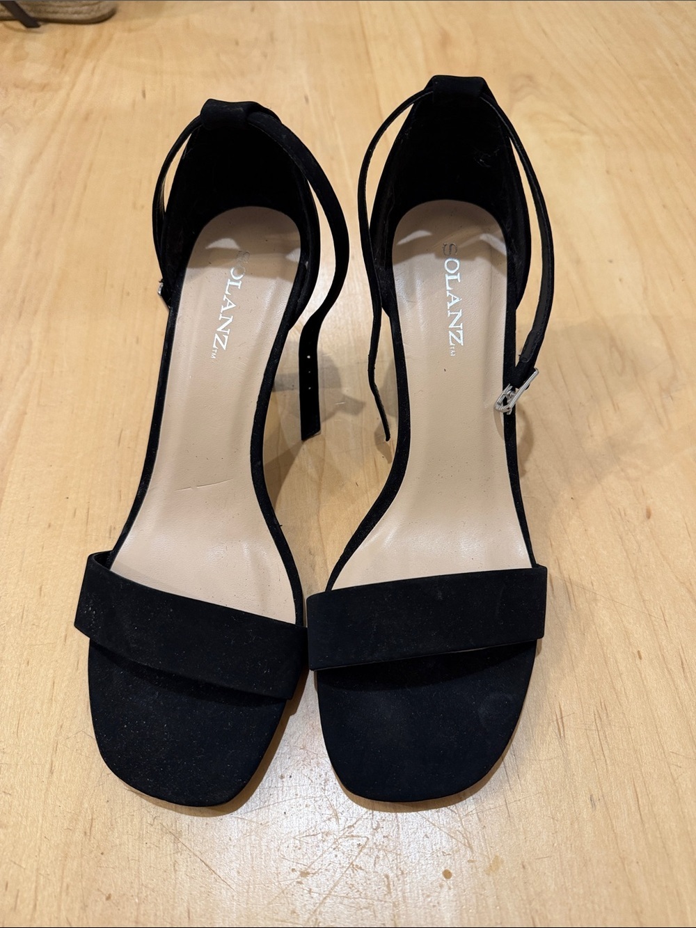 Molanz Black Suede Open-Toe Ankle Strap Heels
